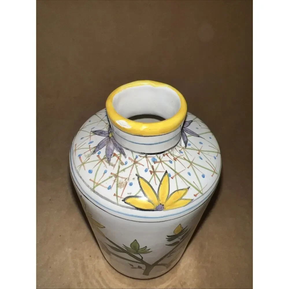 Vintage 1987 HS‎ Ceramica Hand Painted Brazil Floral Bud Vase Yellow Purple 6.5